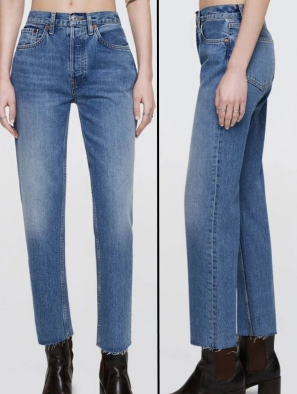 RE/DONE 70s Ultra High Rise Stove Pipe Raw Hem Dark Blue Jeans Stretch Size 31